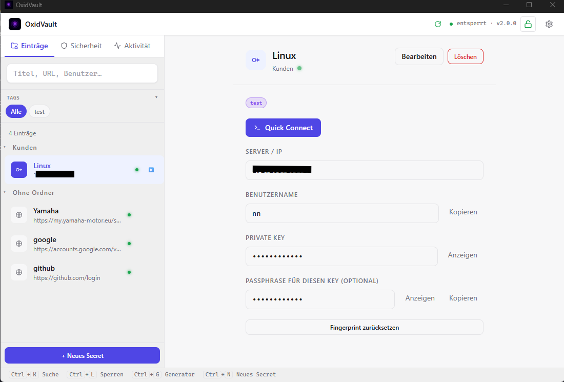 OxidVault Desktop-Safe Dashboard mit Vault-Übersicht und Sicherheitsfunktionen