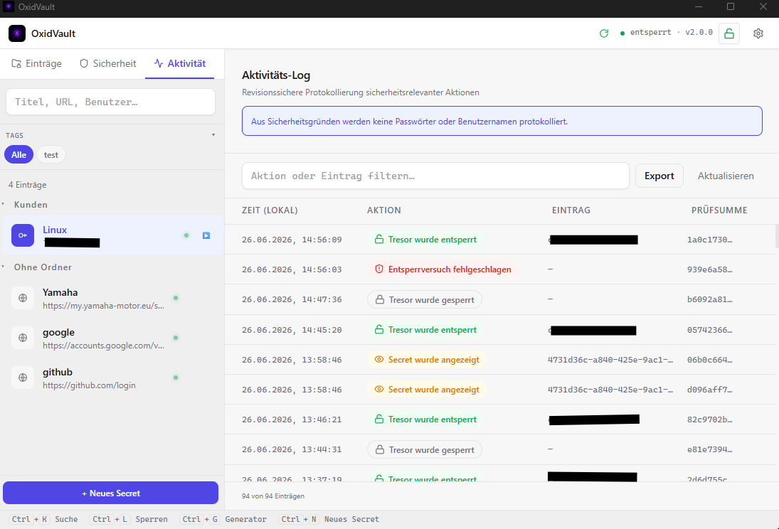 Screenshot der Audit-Log-Ansicht in OxidVault