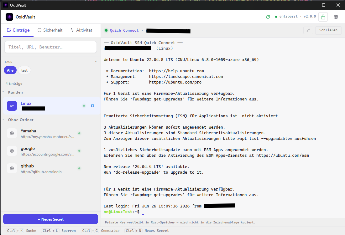 Screenshot der SSH-Quickconnect-Funktion in OxidVault